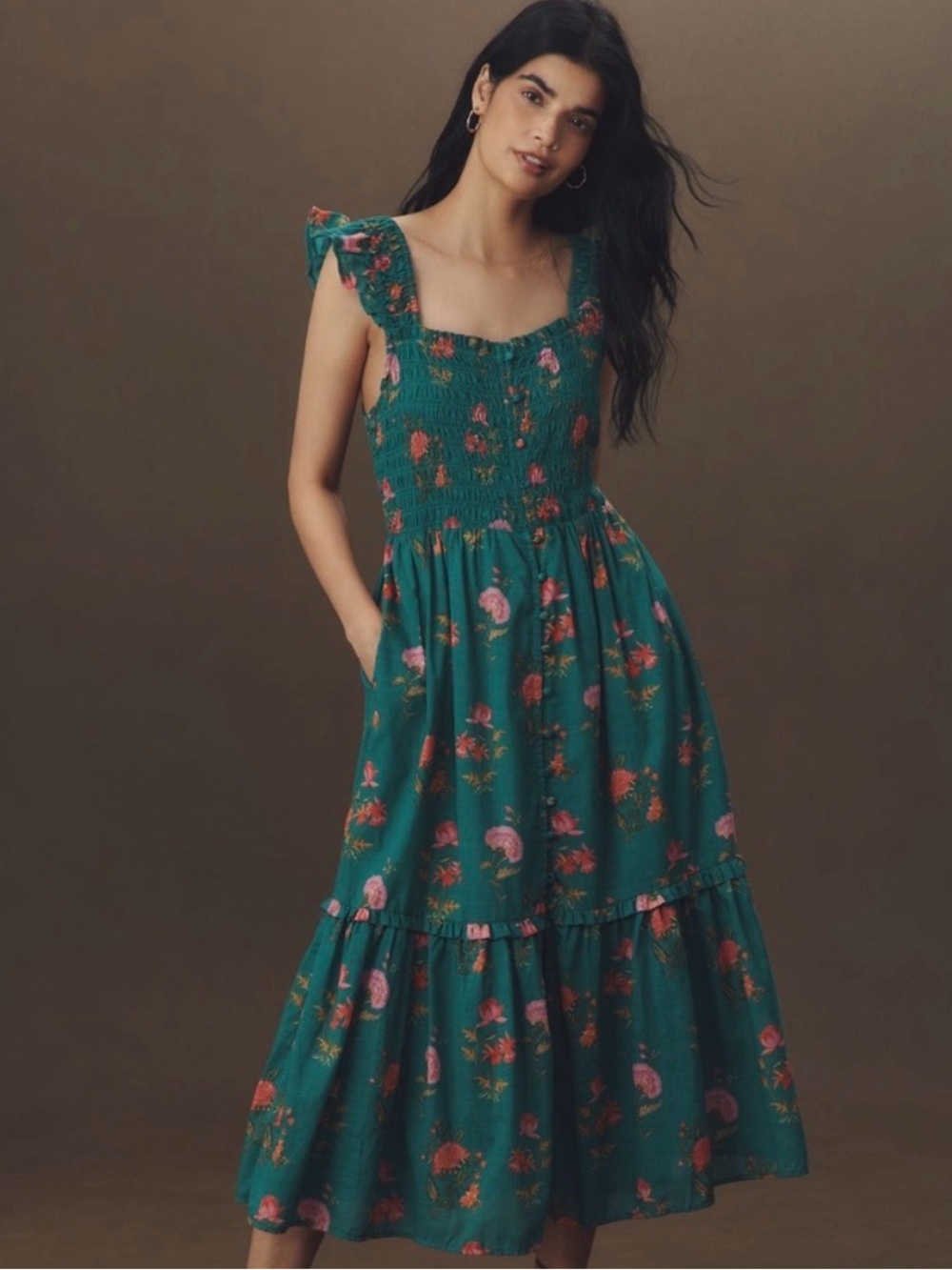 Anthropologie Peregrine Square Neck Midi Dress Pockets Smocked Flounce Teal Pink - Picture 16 of 16